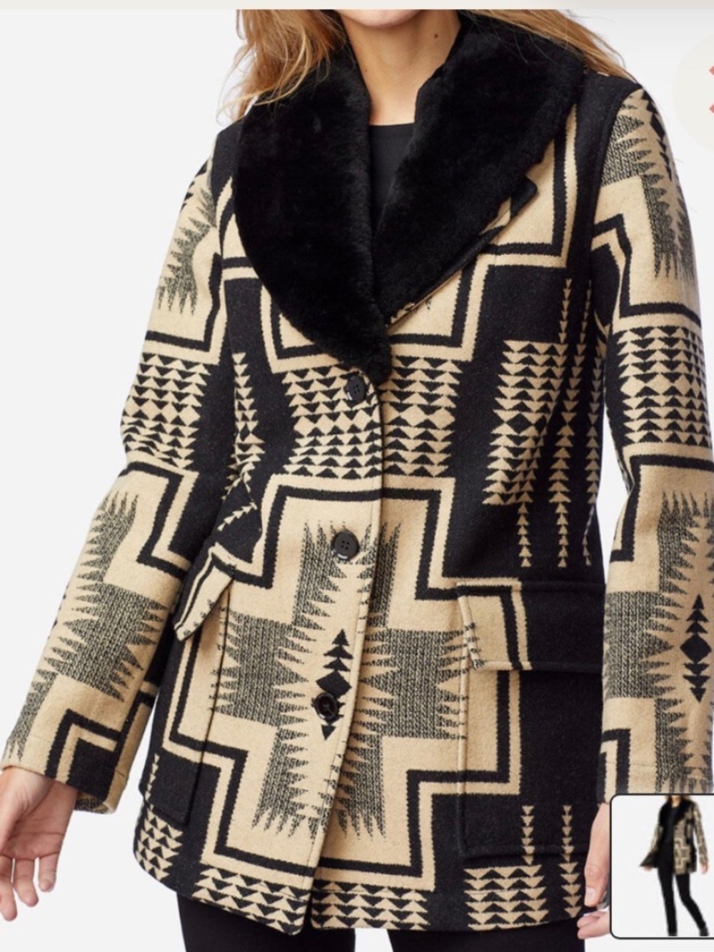 NWT Pendleton Wahkeena Shearling Blanket Coat Harding Black Tan Size L